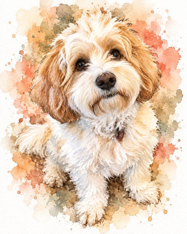 A fluffy cream-and-apricot dog painted in loose watercolor