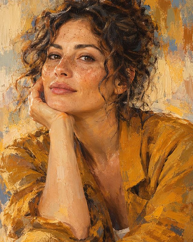 A painted portrait of a woman with curly hair resting her chin on her hand