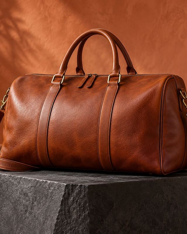 A brown leather holdall on a dark stone block against a terracotta wall