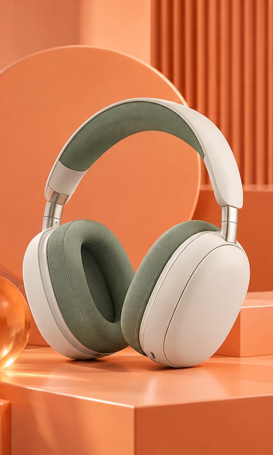 The same headphones on orange blocks against an orange backdrop
