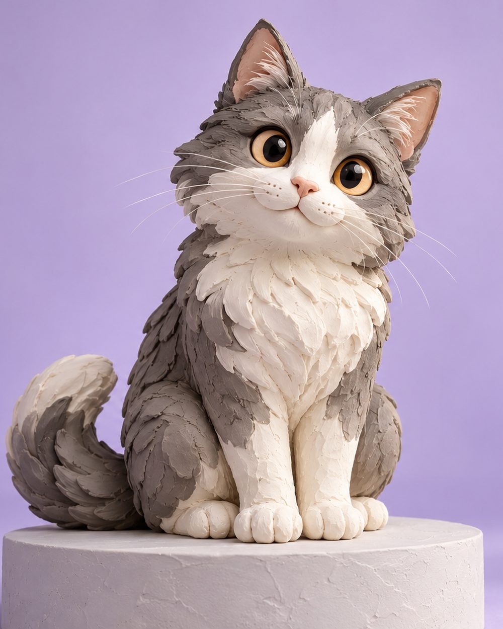 The same cat reimagined as a sculpted clay figure on a lavender backdrop
