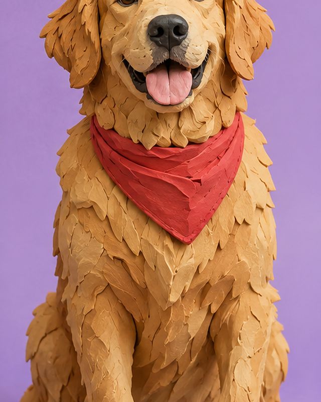 The same dog sculpted in clay on a lilac backdrop