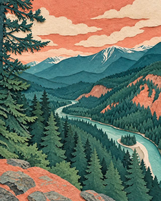 Example of the Paper-cut scene look: a river winding through a forested mountain valley, cut from layers of green, teal and coral paper