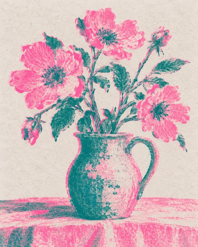 Example of the Risograph print look: flowers in a jug printed in pink and teal ink with a grainy texture