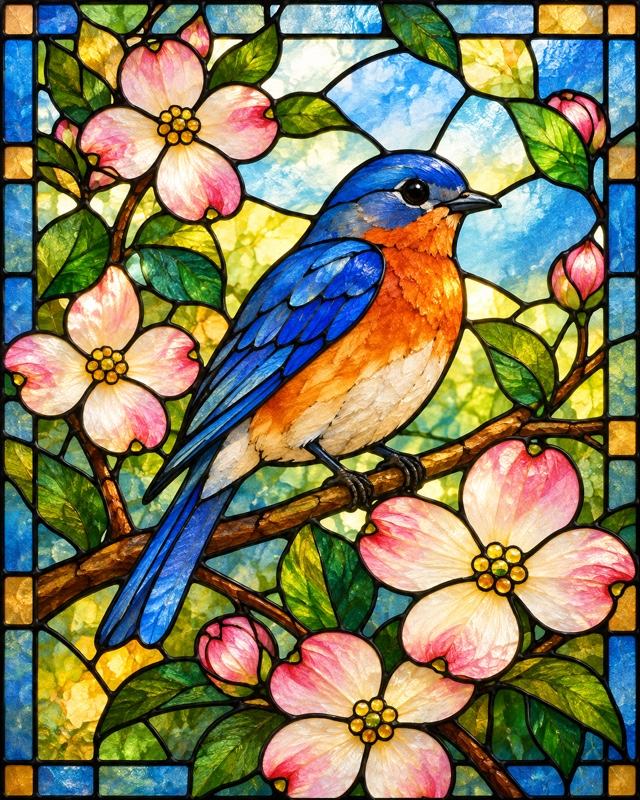 Example of the Stained glass look: a bluebird on a flowering branch in stained glass