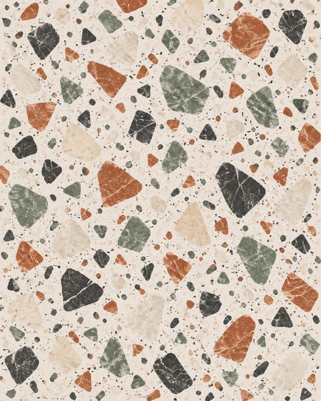 Example of the Terrazzo look: terrazzo with green, rust and charcoal stone chips on cream