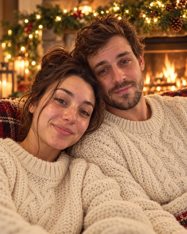 Example of the Cozy holiday couple look: the couple in cream cable-knit sweaters by a fireplace hung with a lit garland
