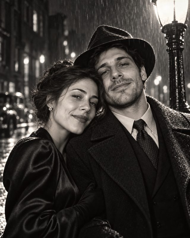 Example of the Film-noir couple look: the couple on a rainy street at night in black and white, he in a fedora and overcoat