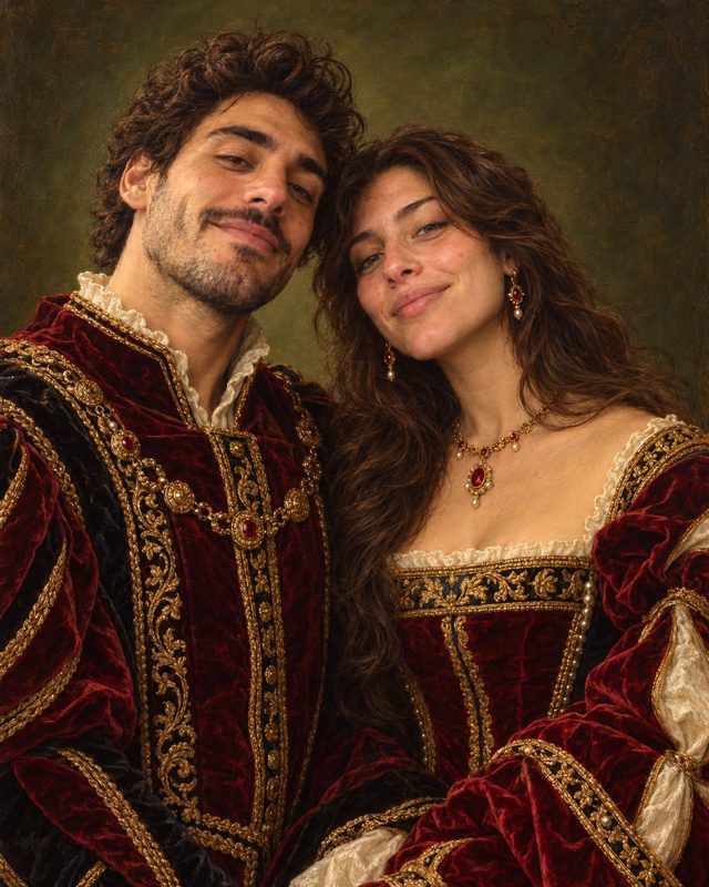 Example of the Renaissance double portrait look: the couple in red and gold Renaissance velvet, painted against a dark olive background