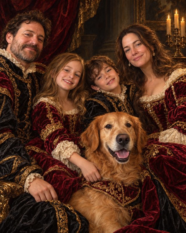 Example of the Baroque family with pets look: a family of four and their golden retriever in red and gold Baroque velvet by candlelight, painted in oils