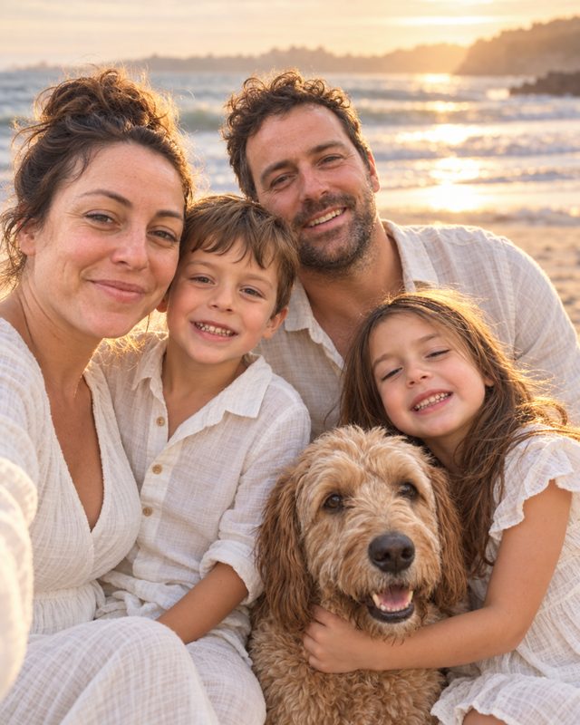 Example of the Beach golden hour look: the family of four and their curly-haired dog in white linen on a beach at sunset