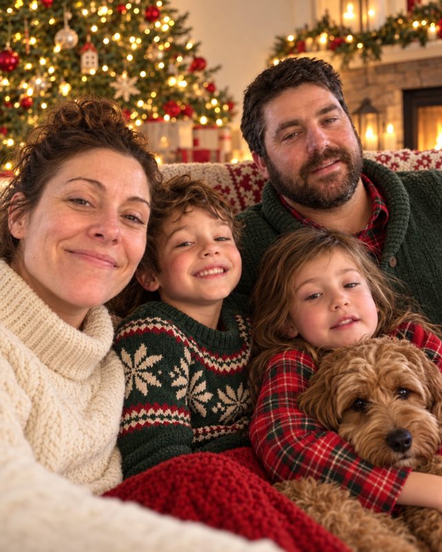 Example of the Holiday card scene look: the family of four and their dog in festive knitwear by a lit tree and a fireplace
