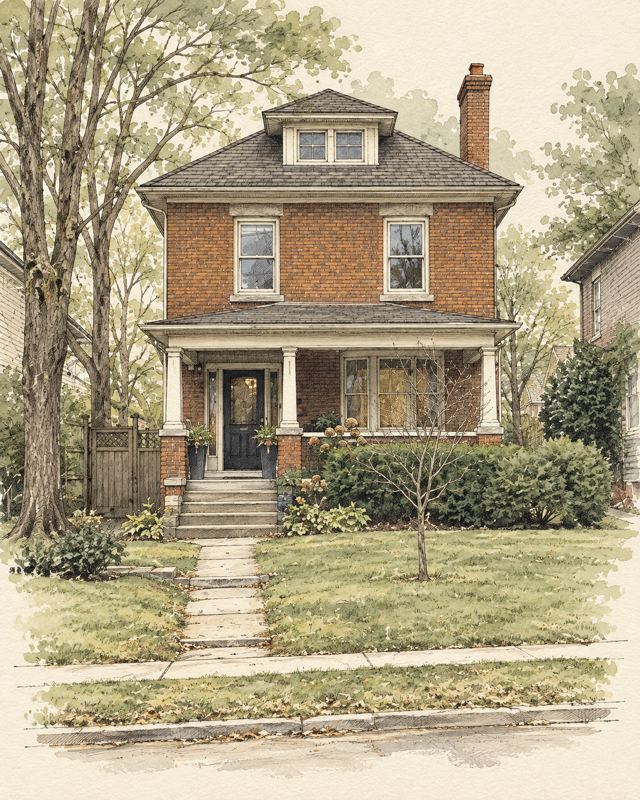 Example of the Architectural ink sketch look: the brick house with its porch drawn in ink with a light wash of color