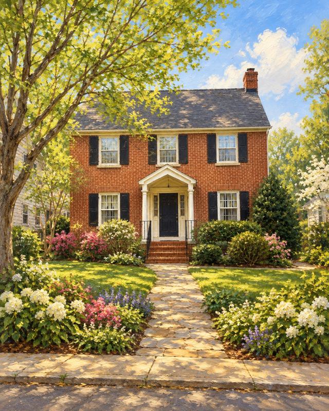 Example of the Your house in oils look: the red-brick house with black shutters and a flowering garden path, painted in oils