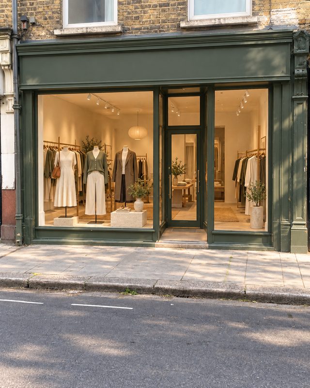 Example of the Boutique storefront look: the shopfront painted sage green, its window dressed with clothes on lit rails