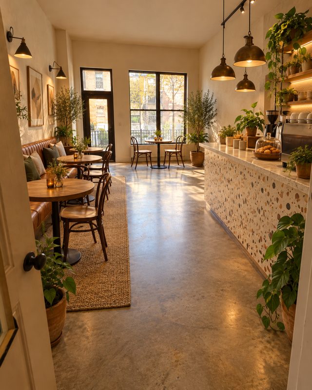 Example of the Café interior look: the room as a café with pendant lamps, a terrazzo counter, wooden tables and plants