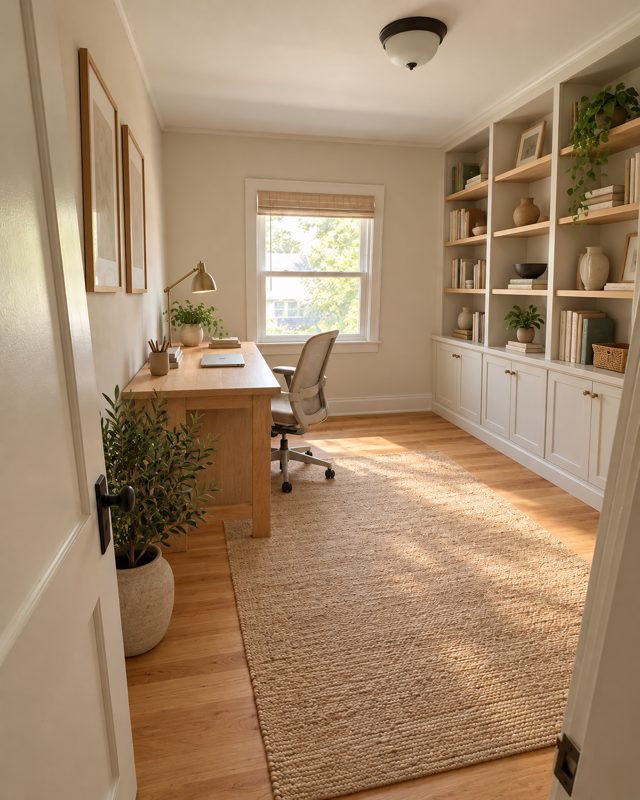 Example of the Home office look: the room with built-in shelves, an oak desk, a jute rug and a plant