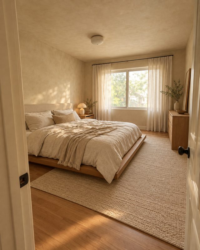 Example of the Japandi bedroom look: the bedroom with a low wooden bed, linen bedding and sheer curtains in warm light