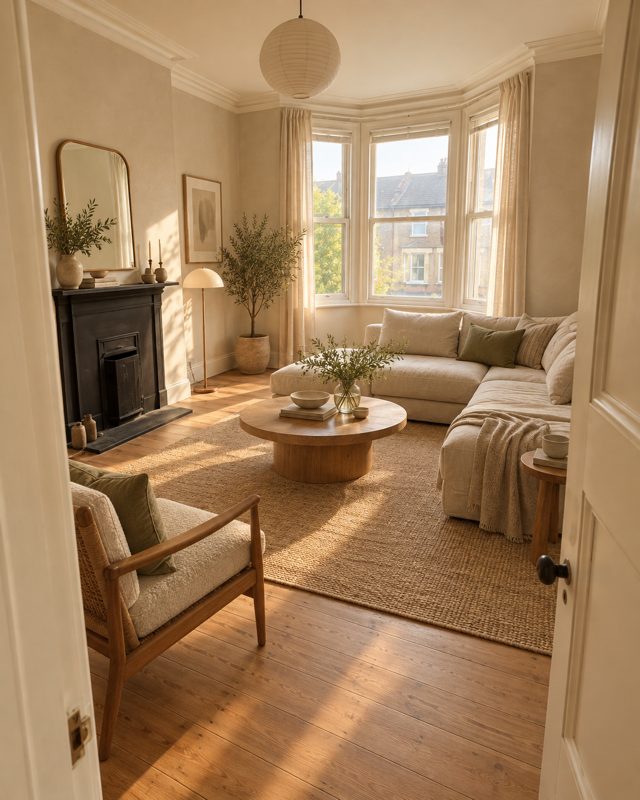 Example of the Material concept look: the room furnished with a cream sofa, a round wooden table, a jute rug and a paper lantern
