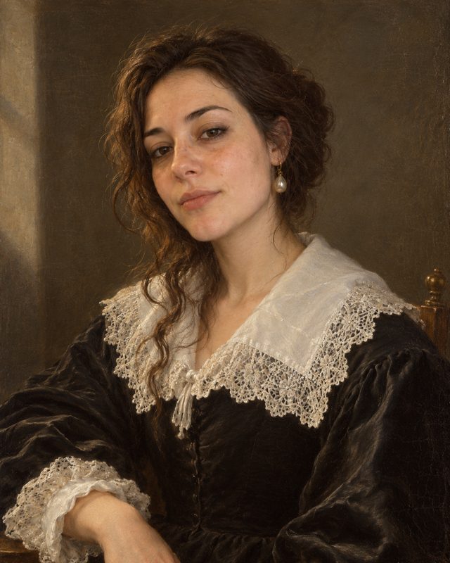 Example of the Dutch Golden Age look: a woman with dark curls and a pearl earring in a black gown with a wide lace collar