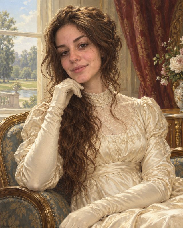 Example of the Regency society portrait look: a woman in a white Regency gown and long gloves on a gilded sofa by a window