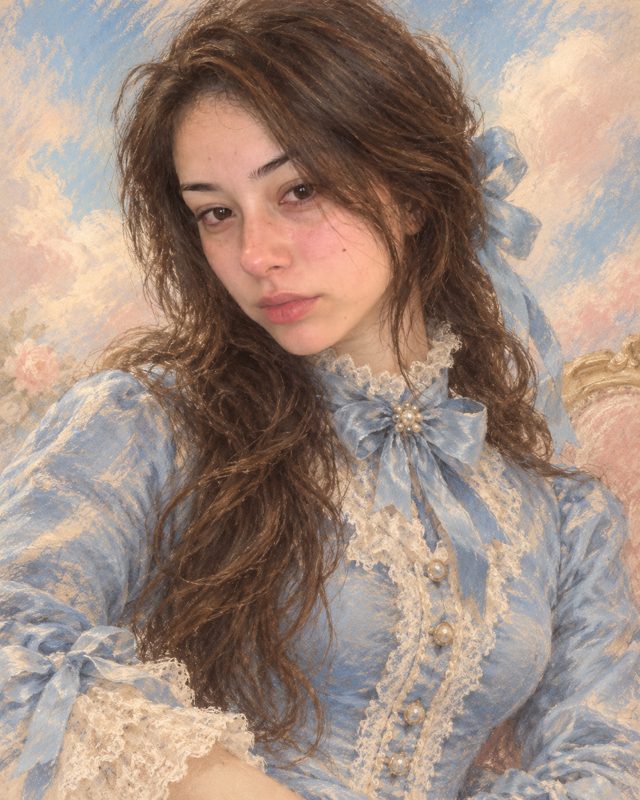 A young woman painted in Rococo pastels