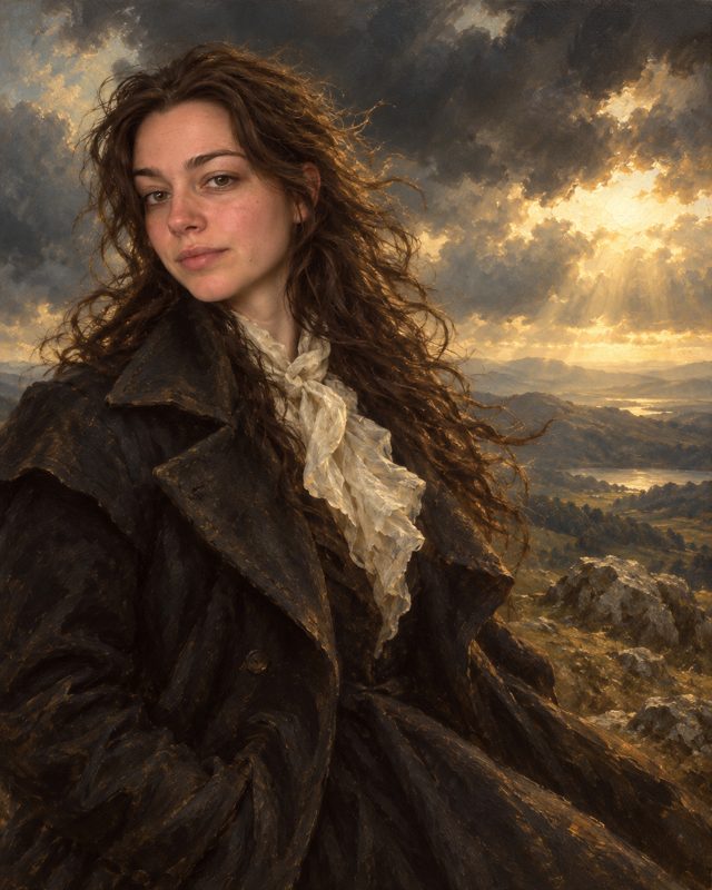 Example of the Romantic era portrait look: a woman in a dark greatcoat and lace cravat above a valley under breaking storm clouds