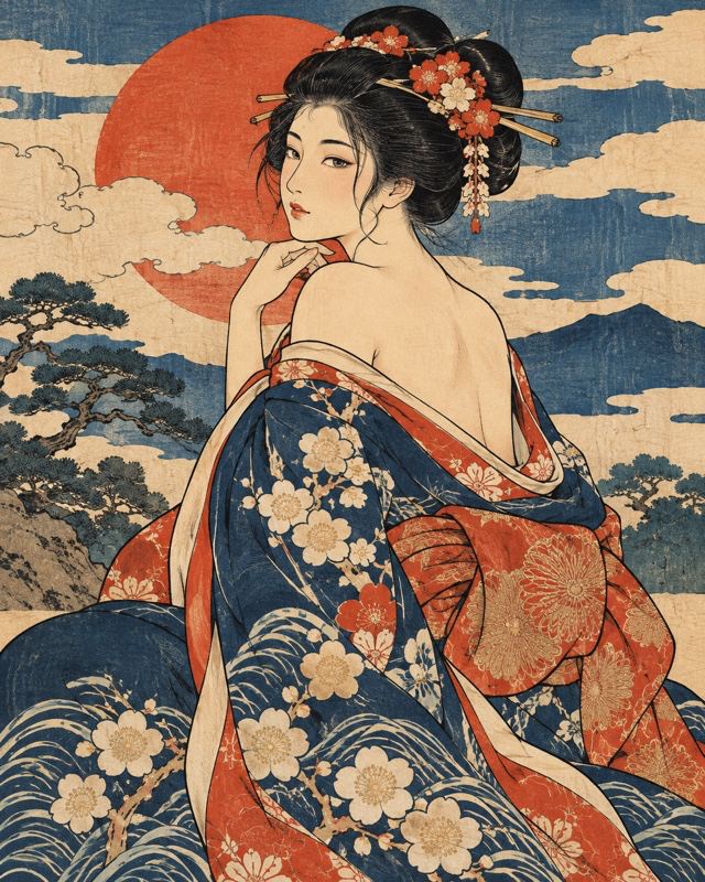 Example of the Woodblock print portrait look: a woman in a patterned kimono with flowers in her hair before a red sun and waves, printed in indigo and red