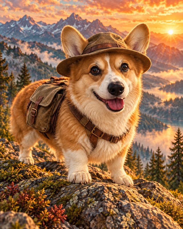 A corgi in a safari hat on a rocky peak at sunset