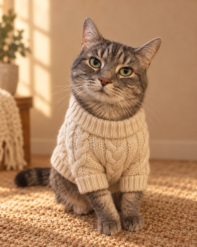 Example of the Cozy knitwear editorial look: a tabby cat in a cream cable-knit sweater in warm window light