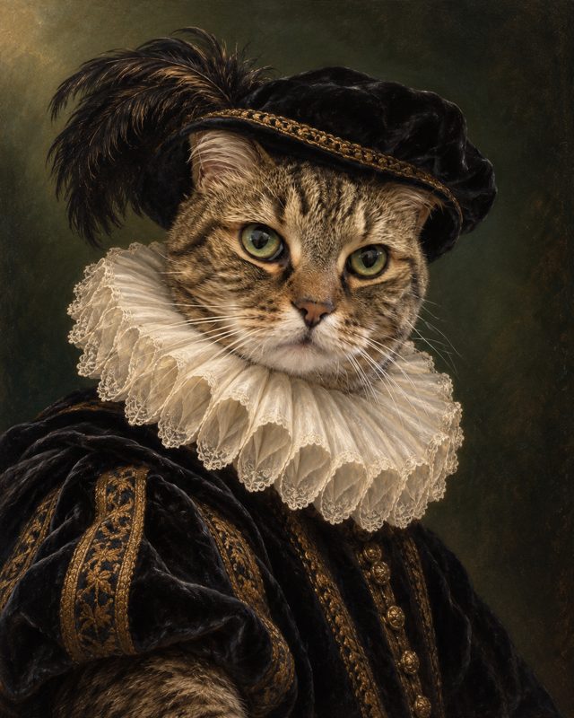 Example of the Renaissance noble pet look: a tabby cat in a white ruff, a feathered hat and a dark doublet, painted in oils
