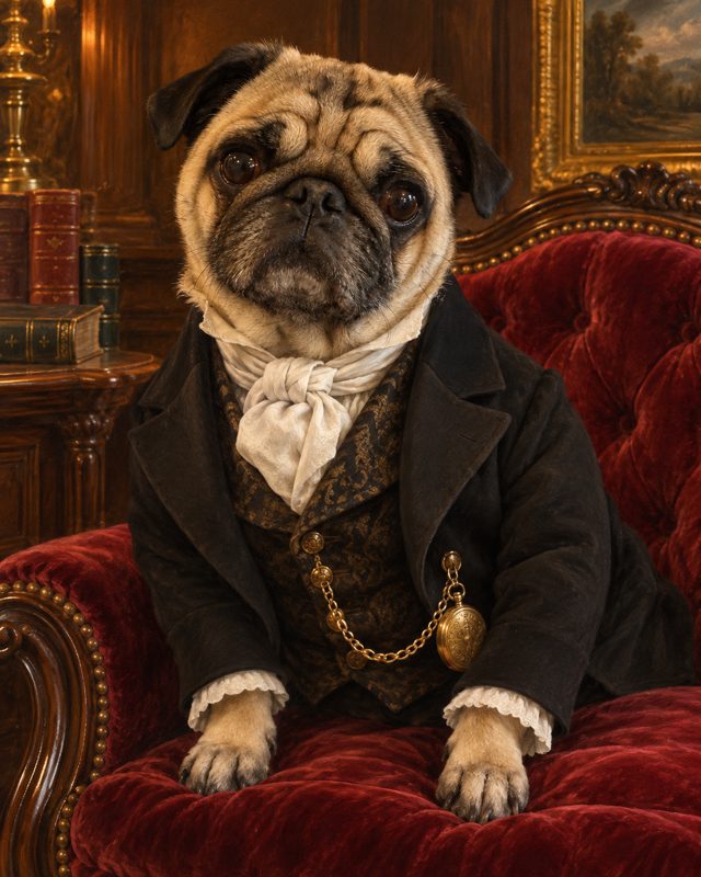 Example of the Victorian gentleman or lady look: a pug in a frock coat, waistcoat and cravat on a red velvet armchair in a wood-panelled study