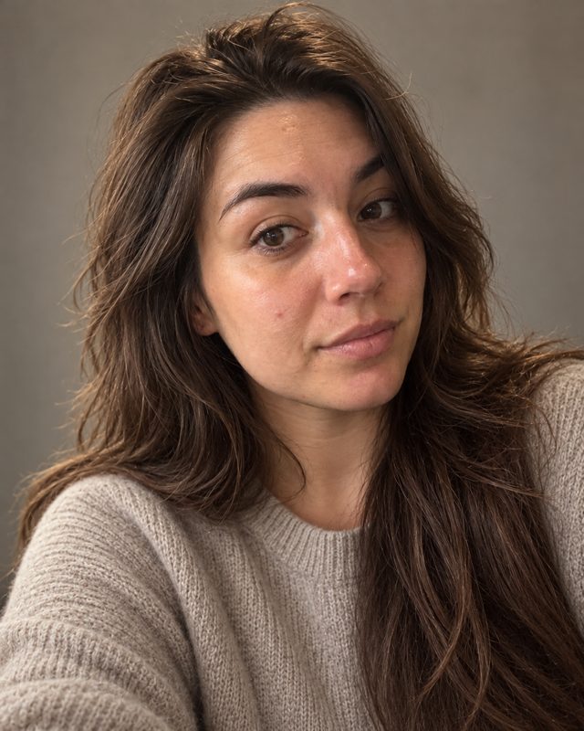 Example of the Editorial portrait look: a woman with long dark hair in a cream sweater against a plain warm backdrop