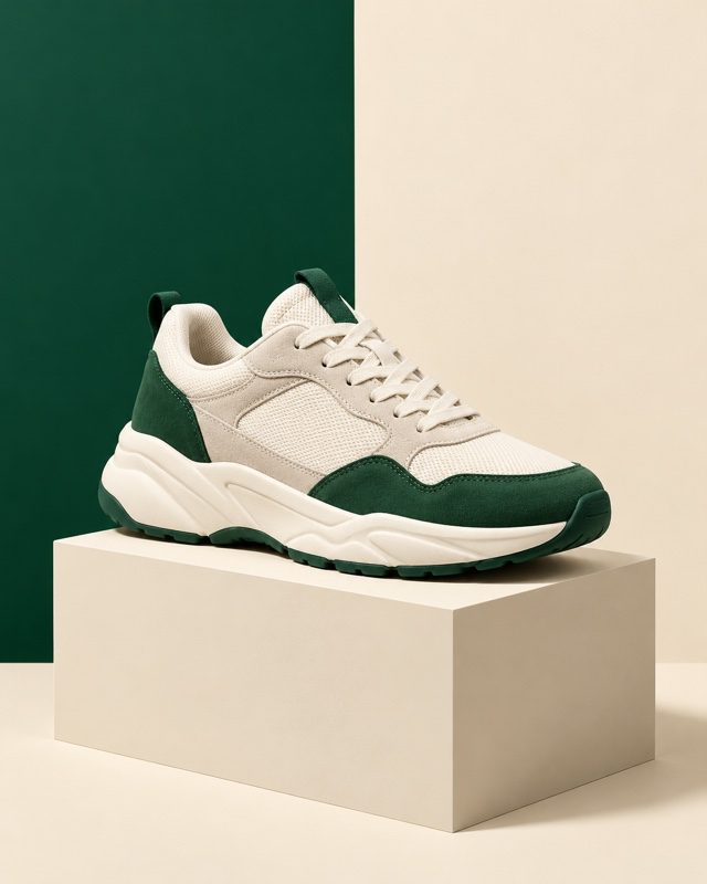 Example of the Color-block studio look: a white and green sneaker on a cream block against a green and cream backdrop