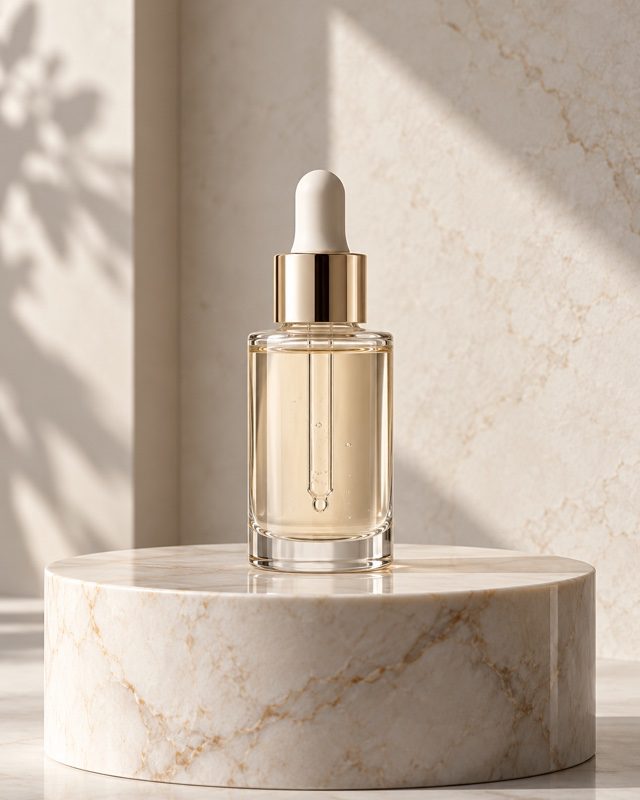 Example of the Marble pedestal look: a glass serum bottle with a dropper on a round marble pedestal