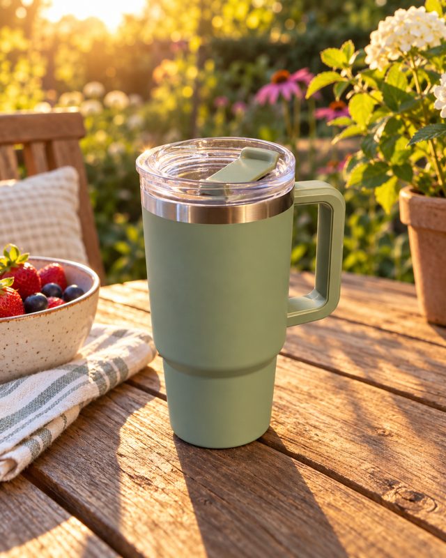 Example of the Outdoor lifestyle look: a sage-green tumbler on a garden table at sunset, with berries and flowers