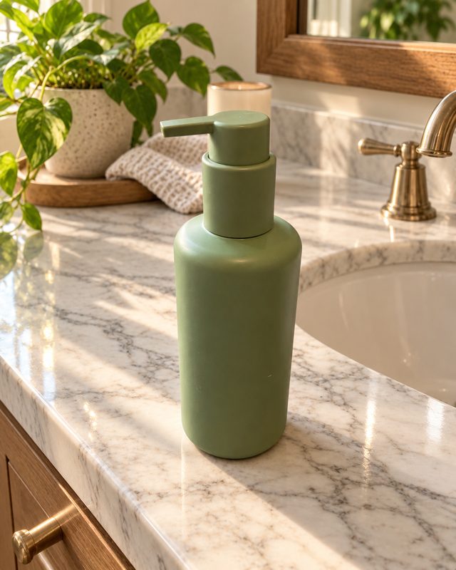 Example of the Soft daylight product look: a sage-green pump bottle on a white marble counter in soft window light
