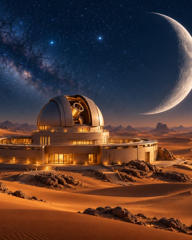 Example of the Event poster look: a glowing observatory in desert dunes under a crescent moon and the Milky Way