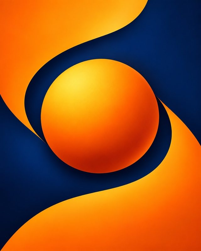 Example of the Podcast cover look: an orange sphere between sweeping orange and navy curves
