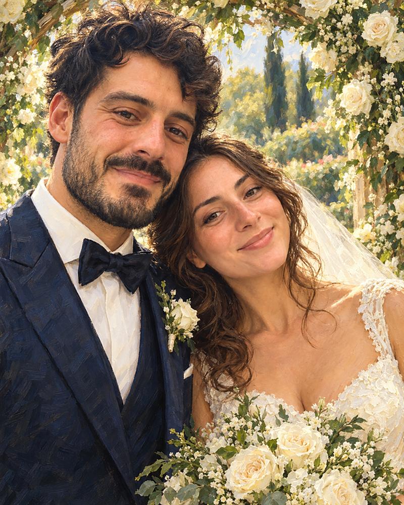 The same couple in the Painted wedding portrait look: bride and groom under an arch of white roses, painted in oils