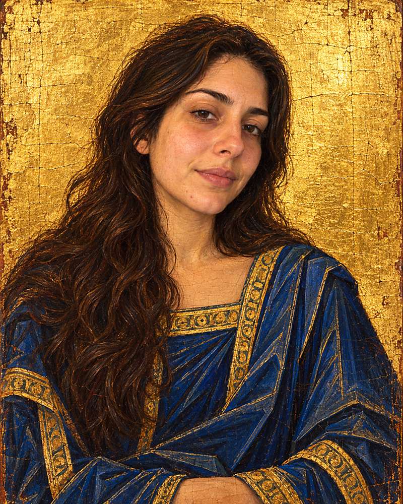 The same woman in the Gold-leaf panel portrait look: long dark hair, a blue robe with gold borders, painted on cracked gold leaf